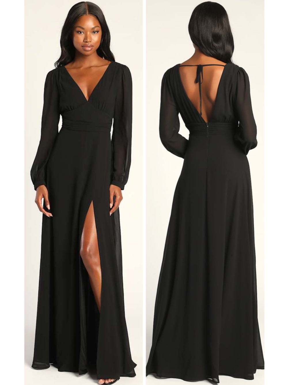 Lulus Love You So Black Long Sleeve Maxi Dress Size Medium NWT V Neck Tie Back